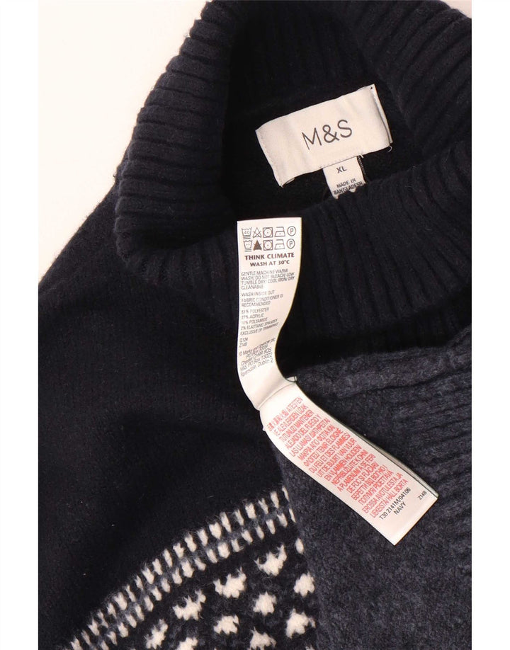 Marks & Spencer Mens Roll Neck Jumper Sweater XL Navy Blue Geometric
