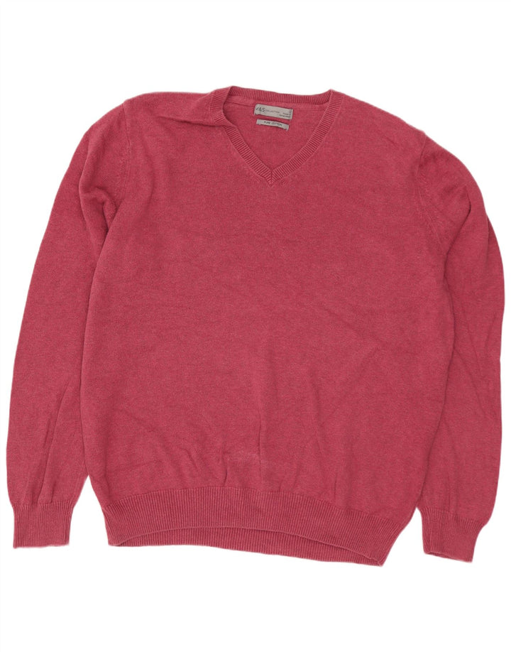 MARKS & SPENCER Mens V-Neck Jumper Sweater Large Pink Cotton