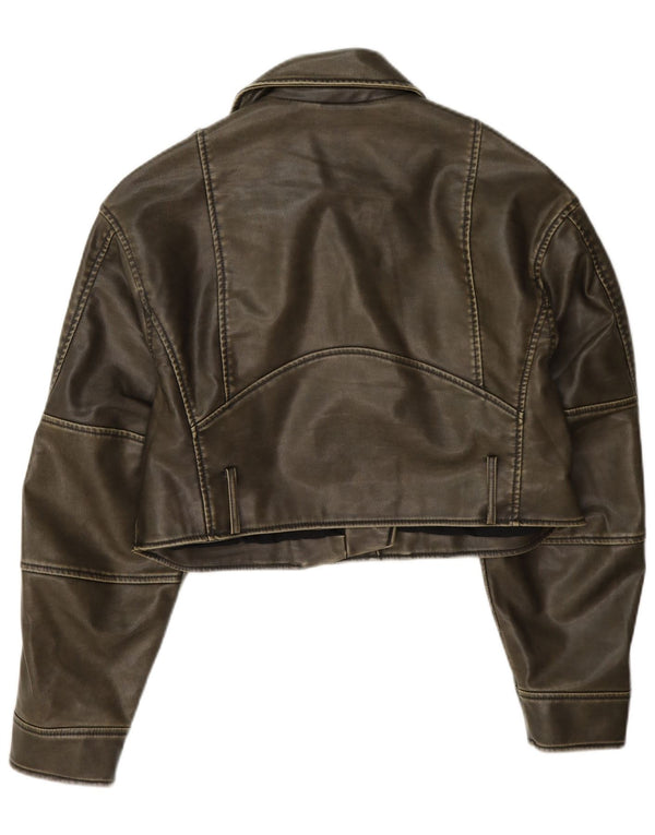 Zara Womens Crop Faux Leather Biker Jacket UK 14 Medium Khaki Polyester