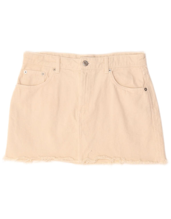 Zara Damen Mini-Jeansrock, Größe L, W30, Beige, Baumwolle