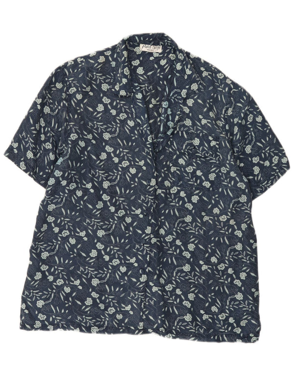 Vintage Damen Kurzarm-Hemdbluse UK 14 Medium Navy Blue Floral Silk