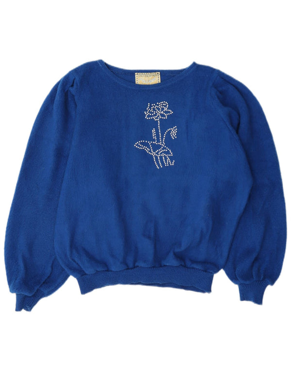 Vintage Damen Pullover mit U-Boot-Ausschnitt, Gr. 16, groß, blau geblümt
