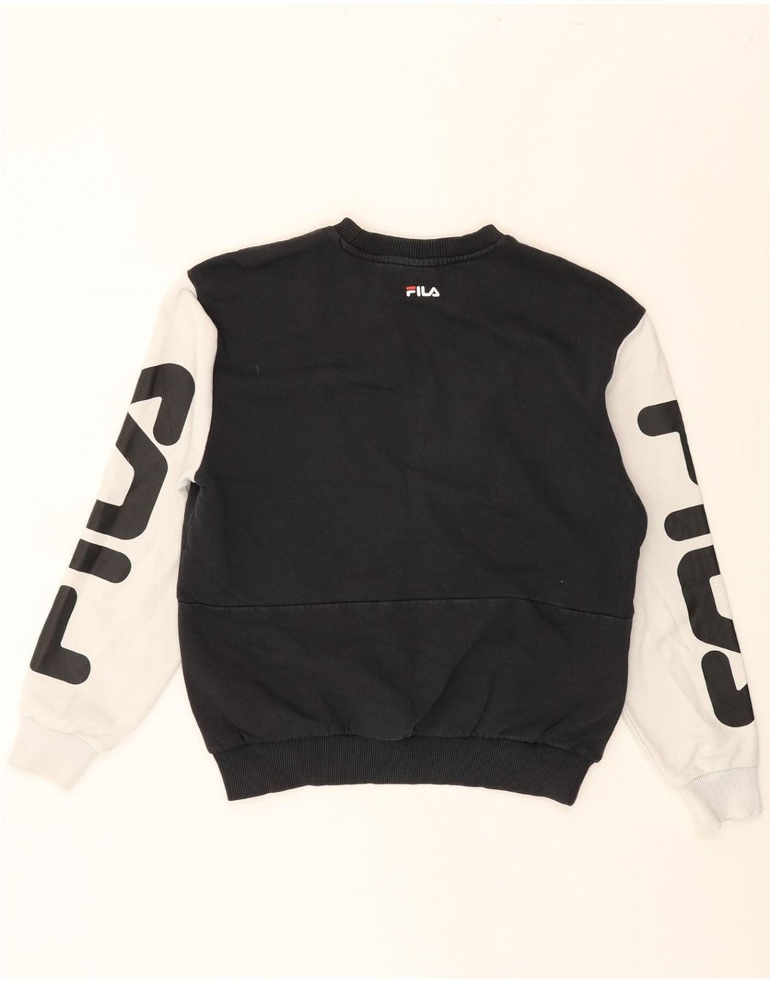 FILA Womens Graphic Sweatshirt Jumper UK 10 Small Black Colourblock Vintage Fila and Second-Hand Fila from Messina Hembry 