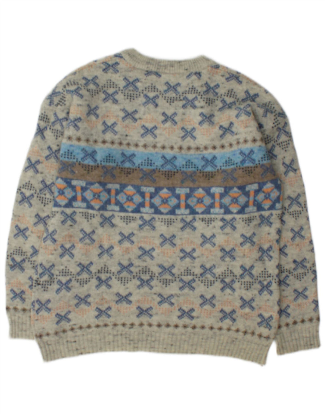 Vintage Herre Boat Neck Jumper Sweater Medium Grey Geometrisk Uld