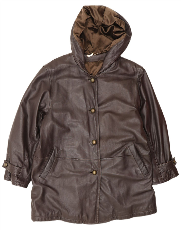 Marina Rinaldi Womens Hooded Leather Coat Size 23 Medium Brown Leather
