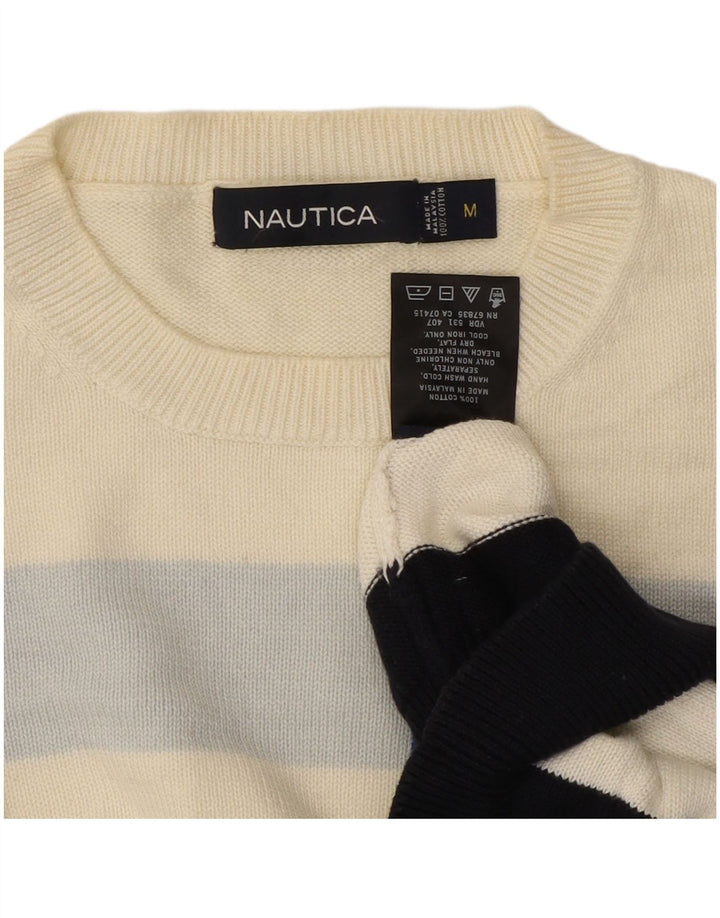 Nautica Mens Crew Neck Jumper Sweater Medium Off White Striped Cotton