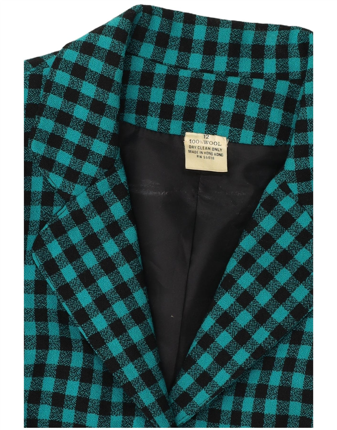 VINTAGE Dame 7 knapper Blazer Jacket UK 12 Medium Green Gingham Wool