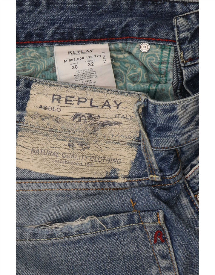 Replay Mens Waitom Distressed Straight Jeans W30 L32 Blue Cotton