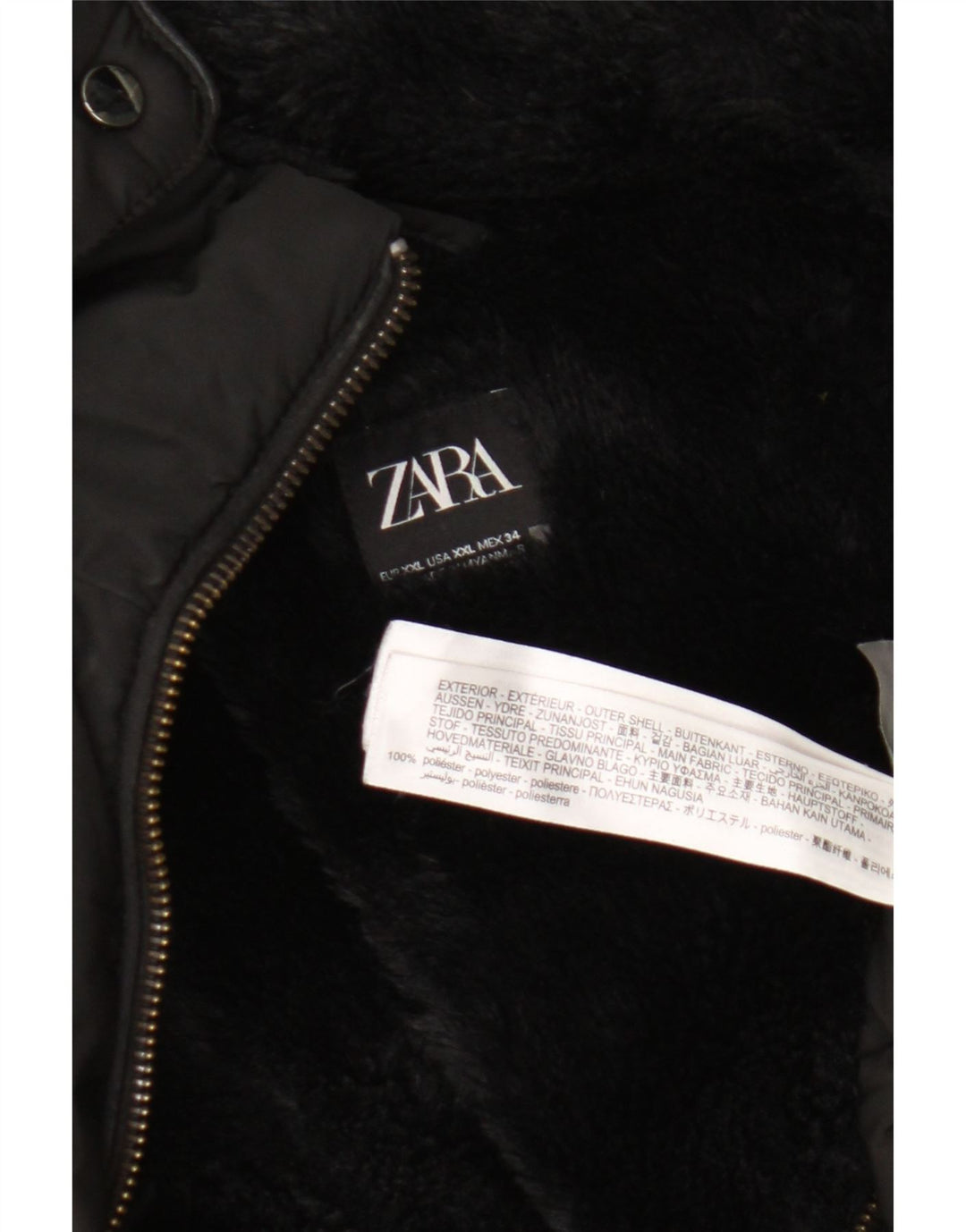 Zara Dame Hætte Polstret Jakke UK 20 2XL Sort Polyester