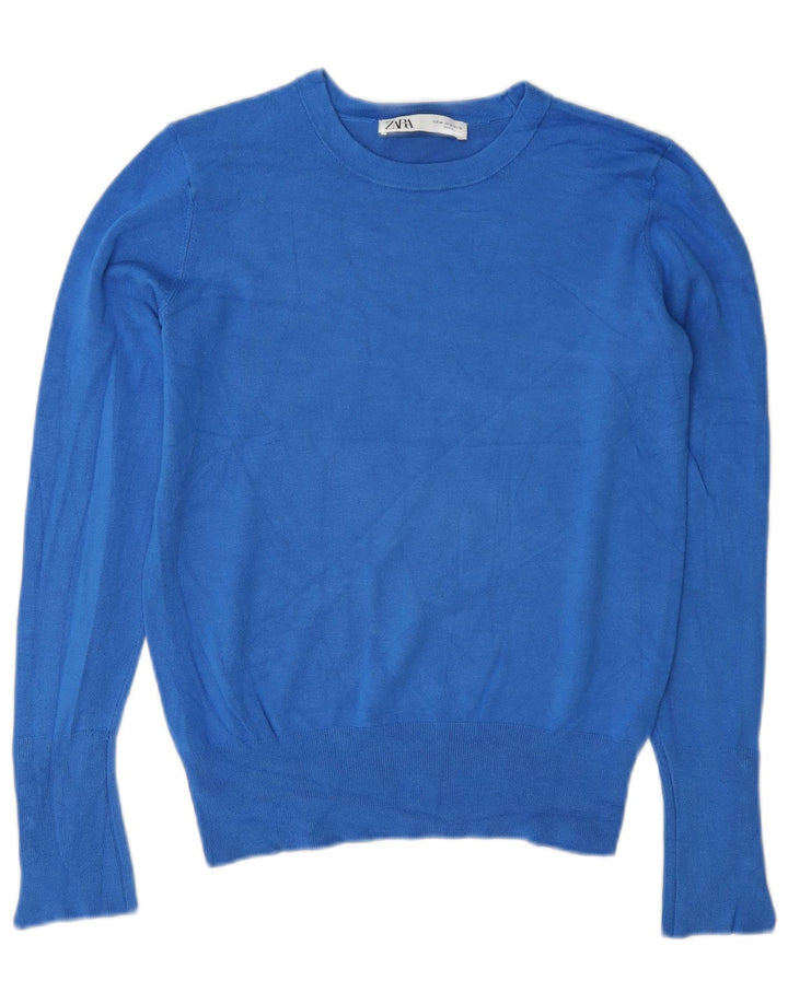 Zara Womens Crew Neck Jumper Sweater UK 12 Medium Blue Viscose