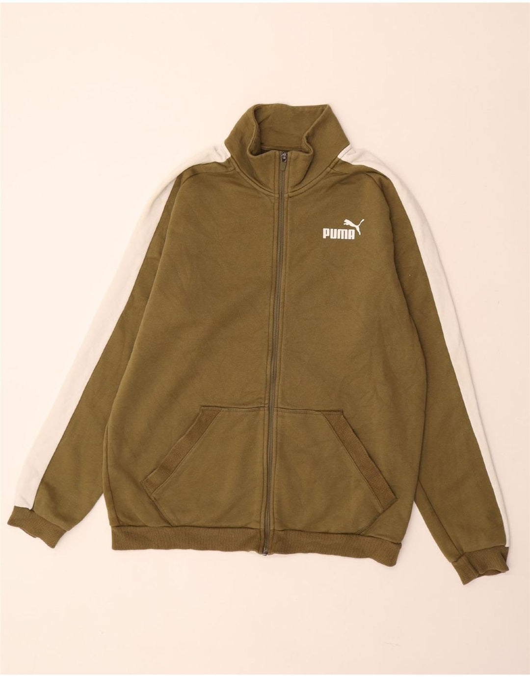 PUMA Mens Tracksuit Top Jacket Medium Khaki Colourblock Cotton