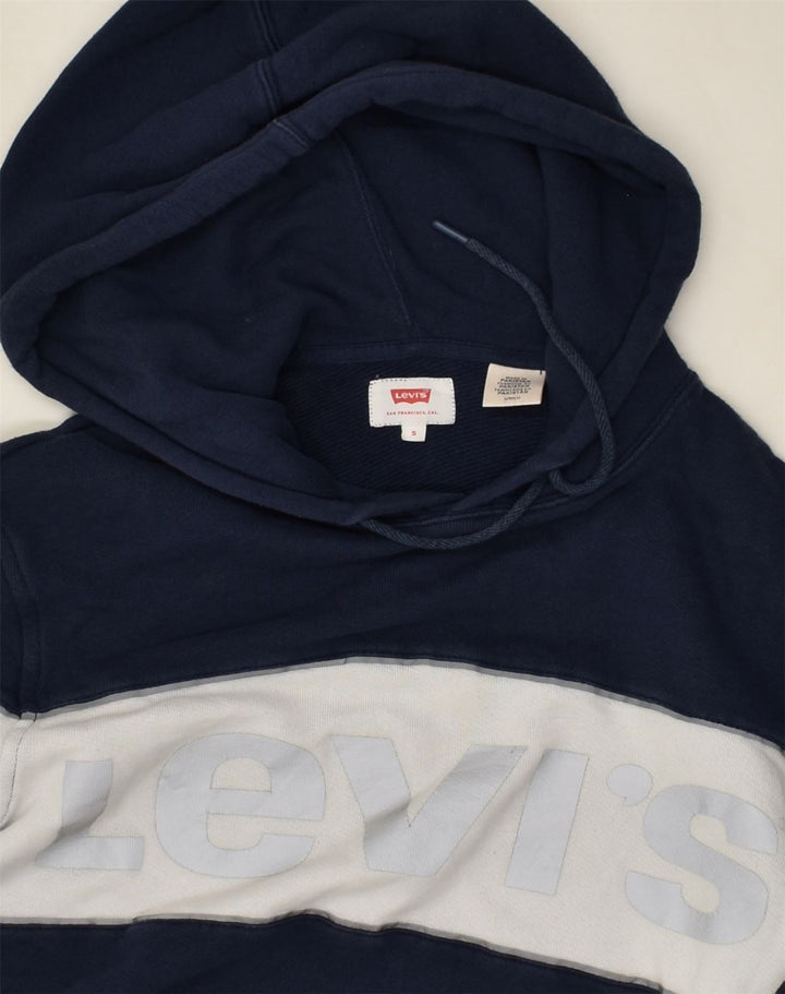 LEVI'S Mens Graphic Hoodie Jumper Small Navy Blue Colourblock Cotton | Vintage Levi's | Thrift | Second-Hand Levi's | Used Clothing | Messina Hembry 