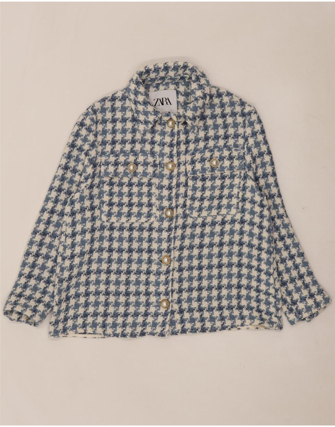 Zara Oversized Bomber Jacket UK 10 Small Blue Houndstooth Bomuld