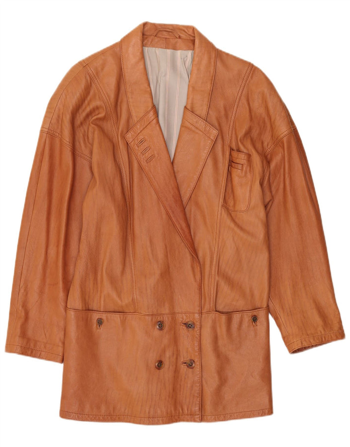 Cappotto in pelle doppiopetto vintage da donna UK 14 grande marrone
