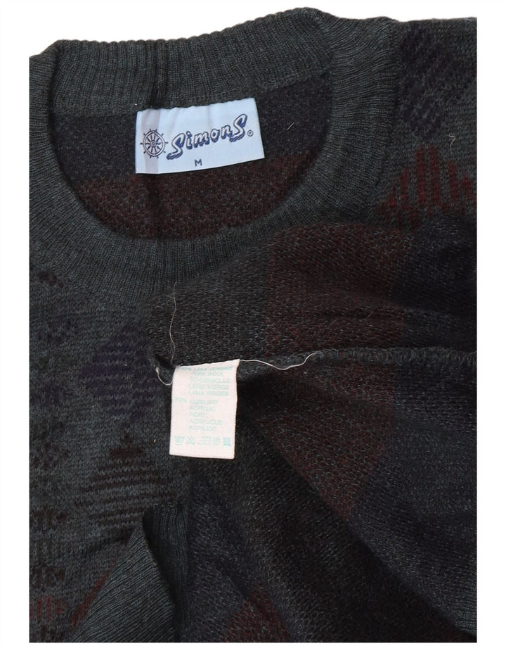 Vintage Mens Crew Neck Jumper Sweater Medium Blue Geometric Virgin Wool