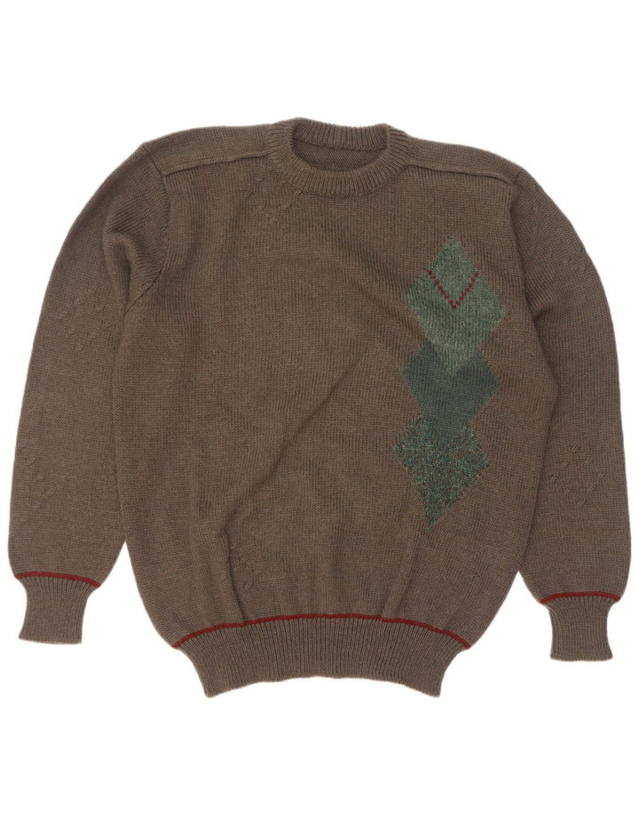 Vintage Mens Crew Neck Jumper Sweater Large Khaki Argyle/Diamond