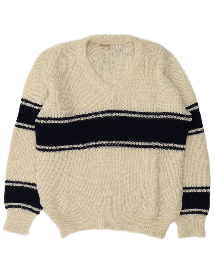Vintage Mens V-Neck Jumper Sweater Large White Colourblock
