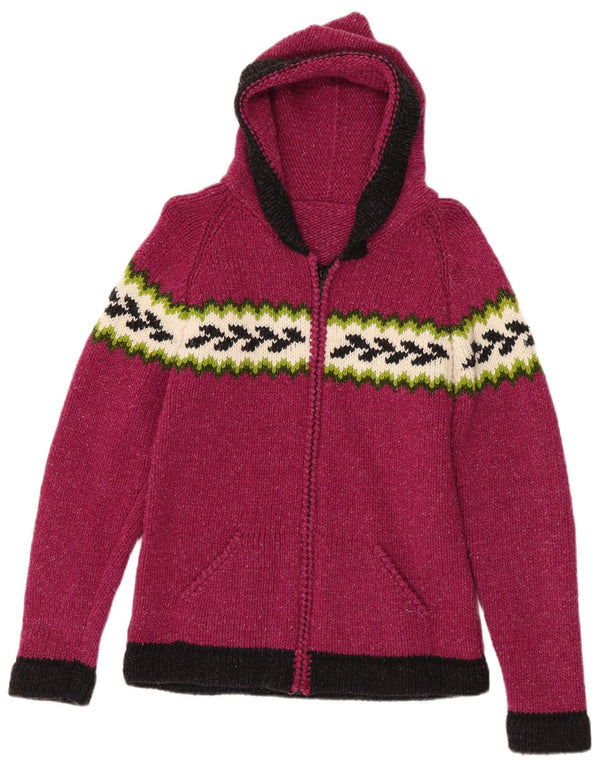 Vintage Womens Hooded Cardigan Sweater UK 10 Small Pink Geometric