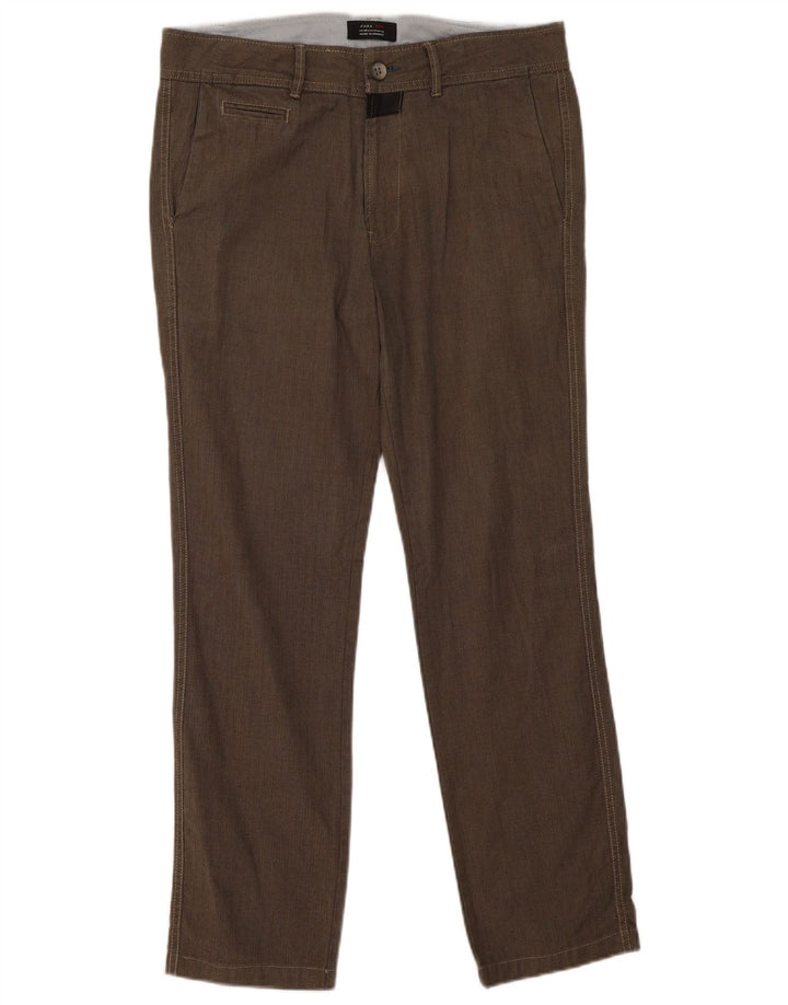 Zara Mens Straight Chino Trousers EU 40 Medium W31 L30 Grey Herringbone