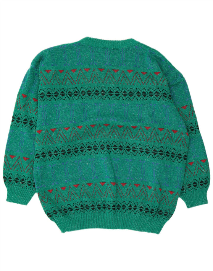 Vintage Mens Crew Neck Jumper Sweater Medium Green Geometric Acrylic