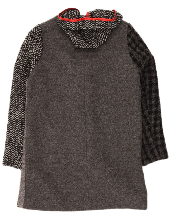 DESIGUAL Womens Graphic Hooded Overcoat EU 40 Medium Grey Check