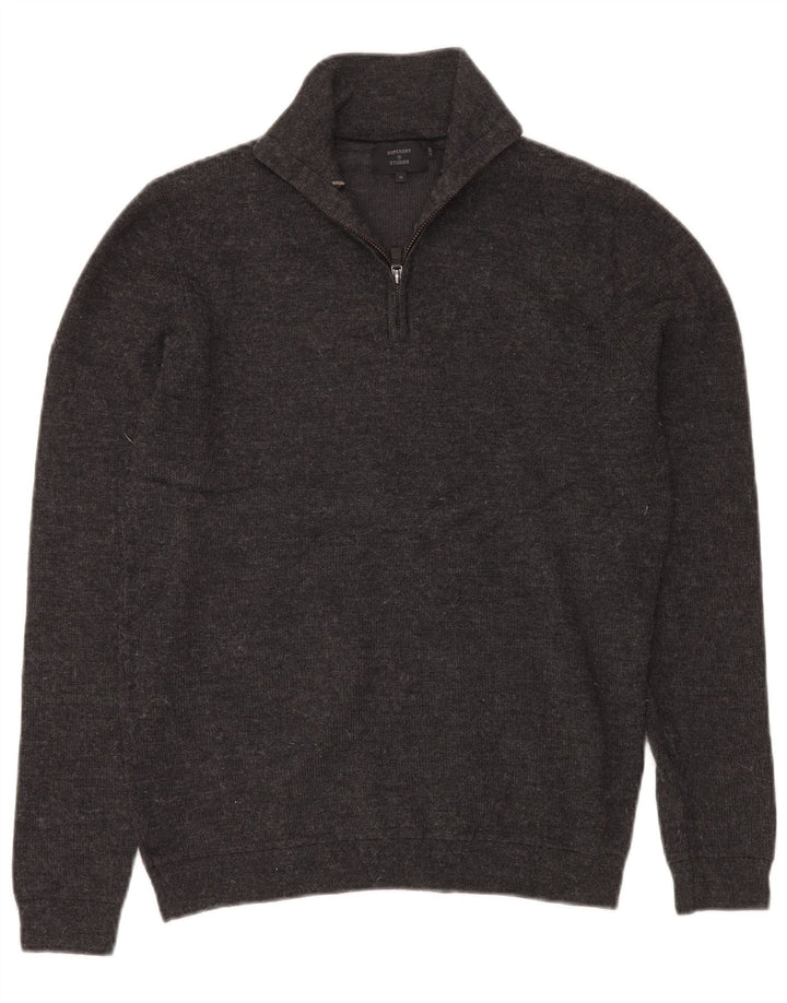 SUPERDRY Mens Zip Neck Jumper Sweater Medium Grey Merino Wool