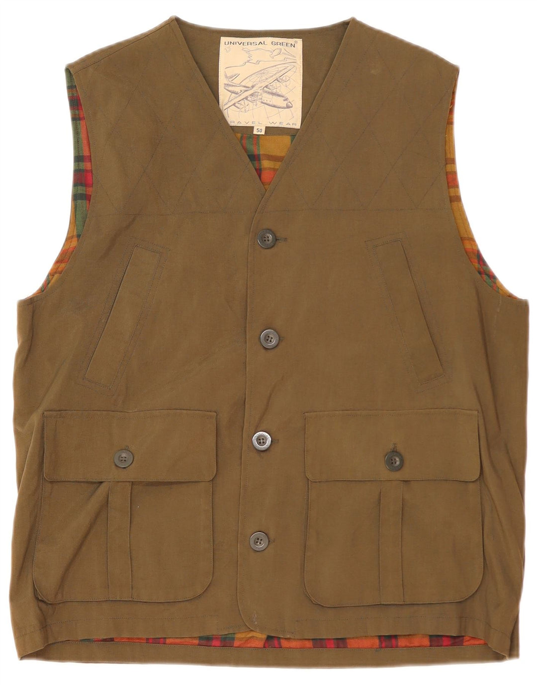 Vintage Herren Utility Gilet IT 50 Large Khaki Polyamid