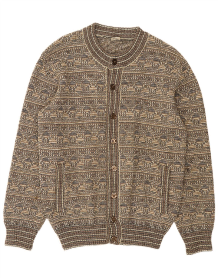 Suéter cardigã masculino vintage cinza médio lã Fair Isle