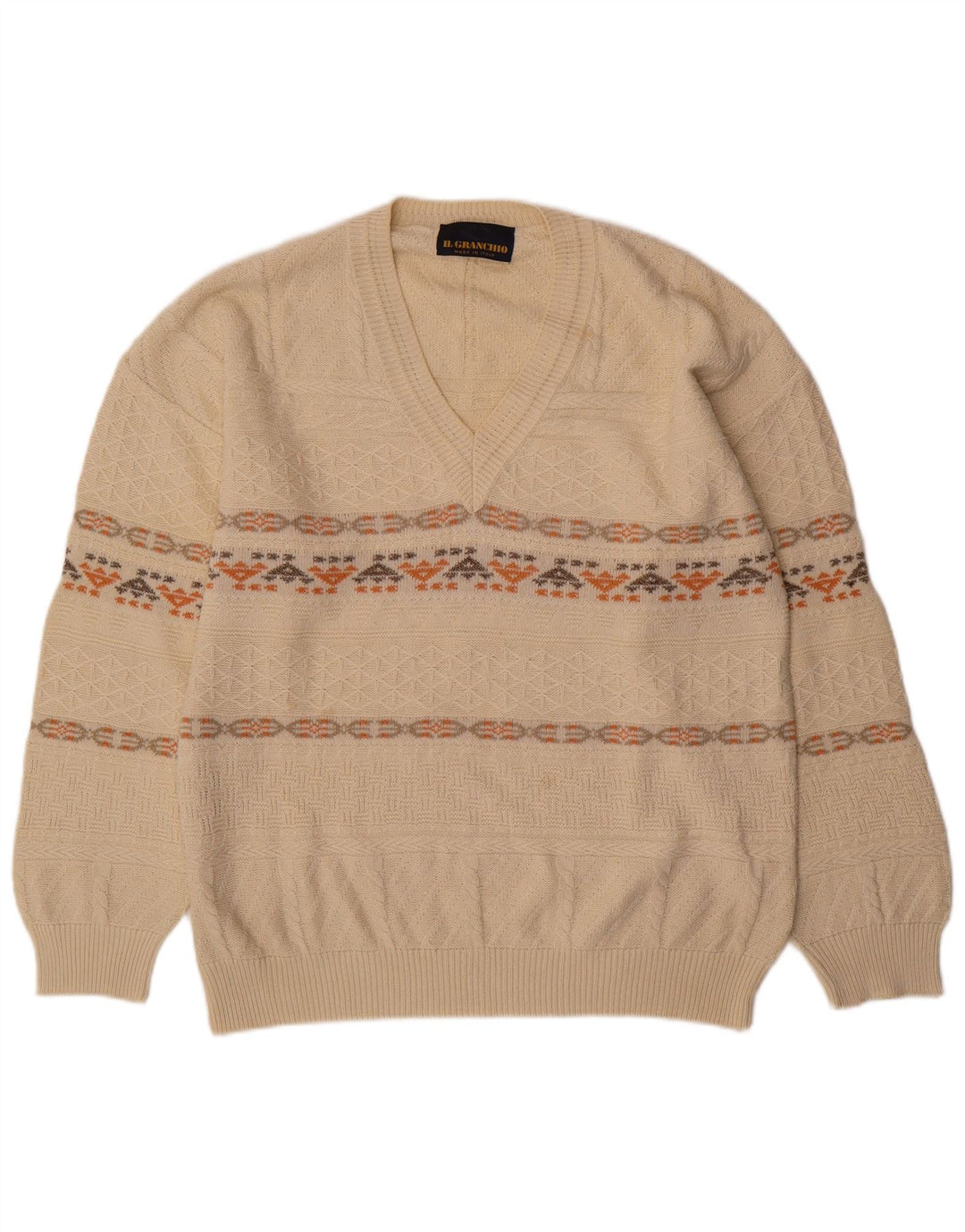 Il Granchio Mens V-Neck Jumper Sweater Large Beige Geometric