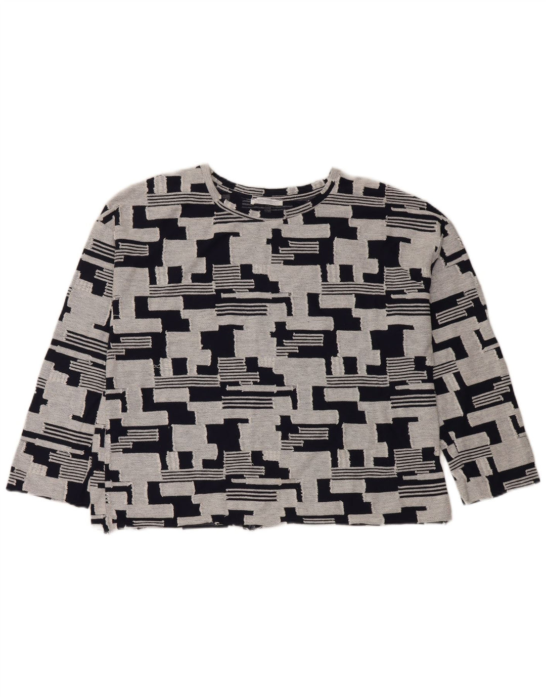 Zara Womens Top 3/4 Sleeve UK 14 Medium Navy Blue Geometric Cotton