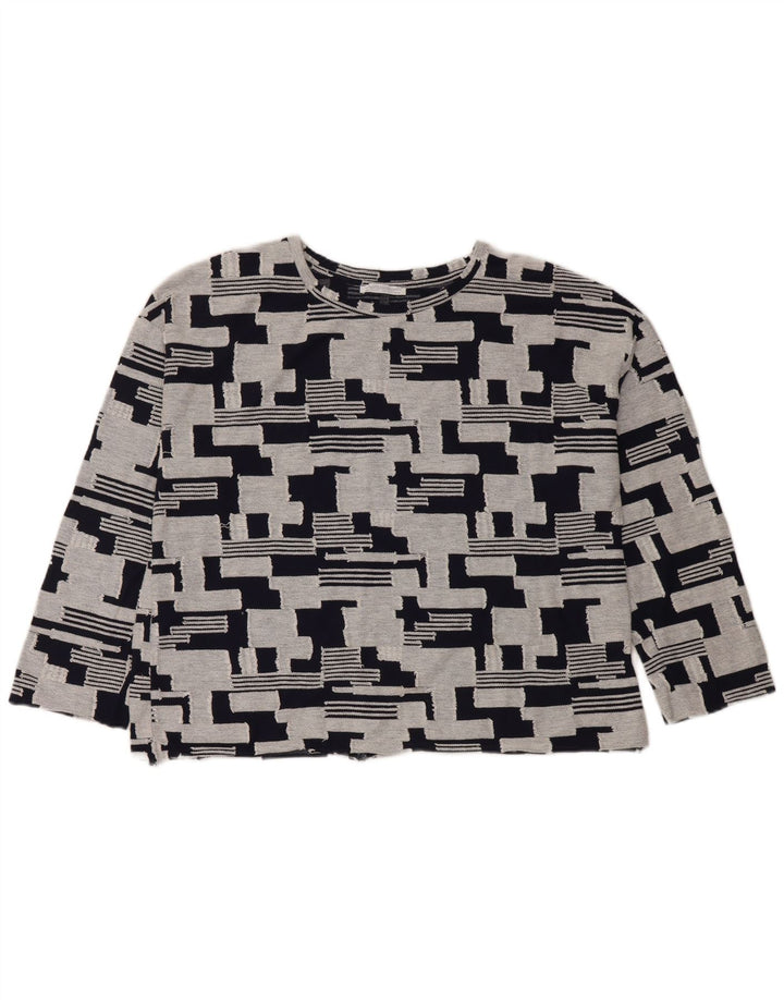 Zara Womens Top 3/4 Sleeve UK 14 Medium Navy Blue Geometric Cotton