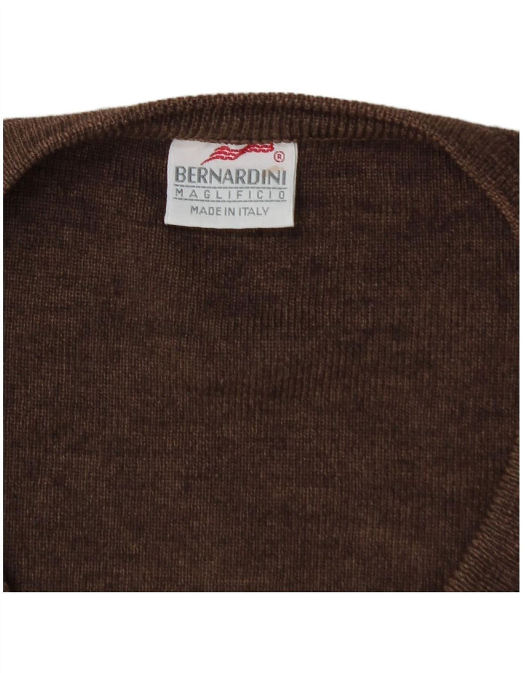 BERNARDINI Mens V-Neck Jumper Sweater Medium Brown Geometric Wool