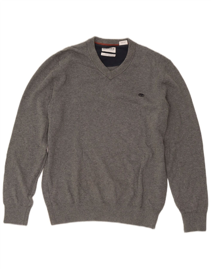 Timberland Mens V-Neck Jumper Sweater Small Grey Cotton