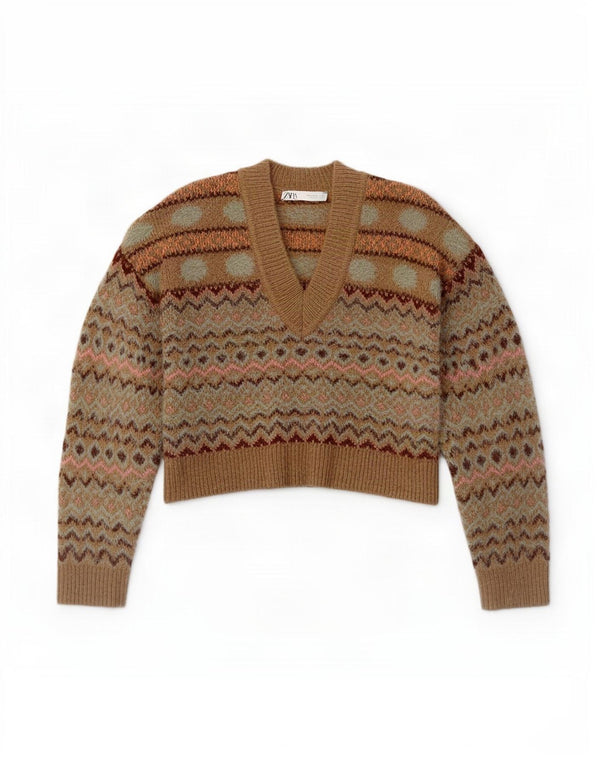 Maglione corto con scollo a V da donna Zara UK 14 Beige medio Fair Isle