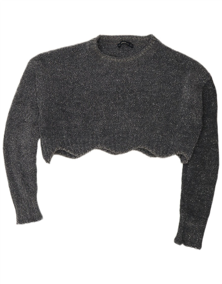 Zara Womens Crop Oversized Crew Neck Jumper Sweater UK 10 Small Grey