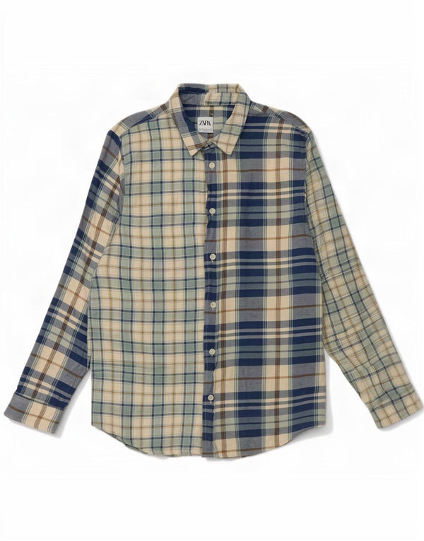 Zara Herren-Flanellhemd mit entspannter Passform, XL, blau karierte Baumwolle