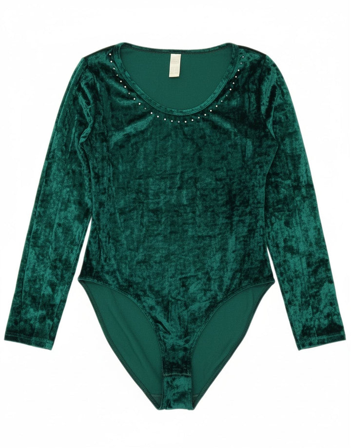 CANDA Womens Long Sleeve Bodysuit UK 14/16 Large Green Polyester Vintage Canda and Second-Hand Canda from Messina Hembry 