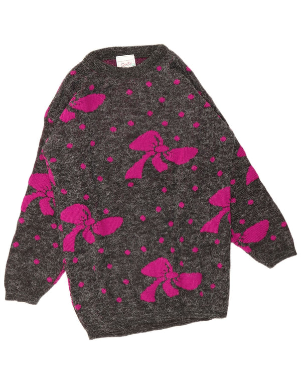 Vintage Damen Longline-Pullover mit U-Boot-Ausschnitt, Einheitsgröße, grau gefleckt