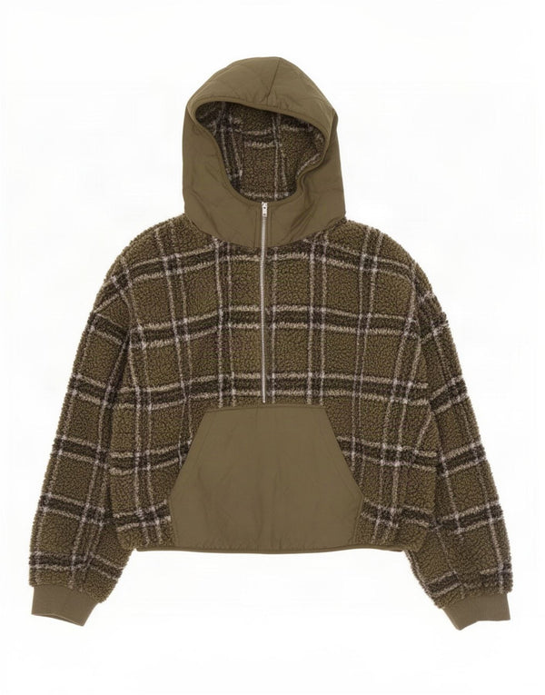 Maglione in pile con cappuccio e zip oversize da donna Zara UK 16 grande motivo a quadri kaki