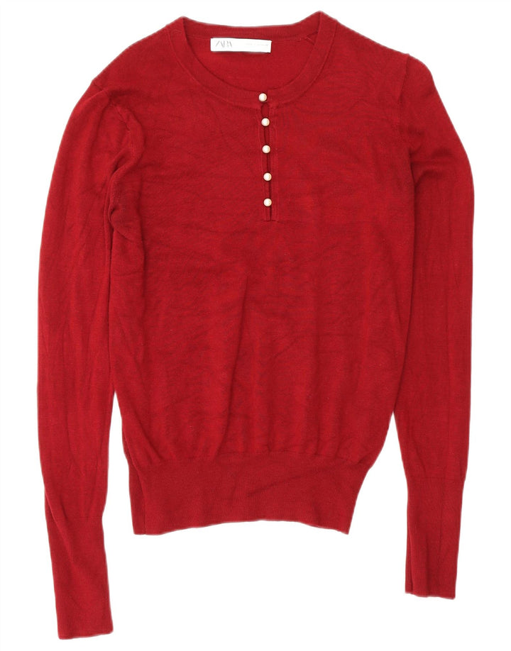 Zara Dame Button Neck Jumper Sweater UK 12 Medium Burgundy Viscose