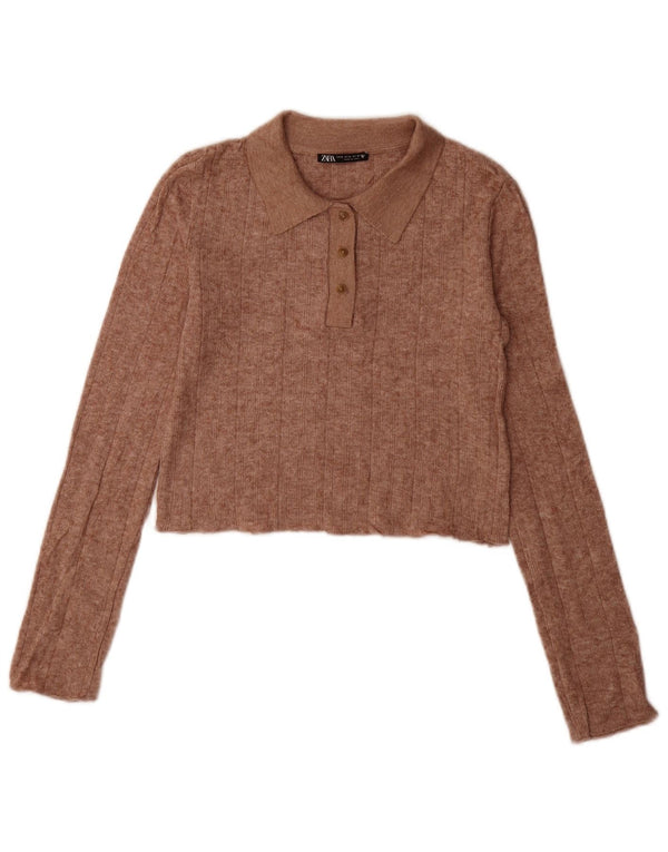 Zara Womens Crop Polo Neck Jumper Sweater UK 10 Small Brown