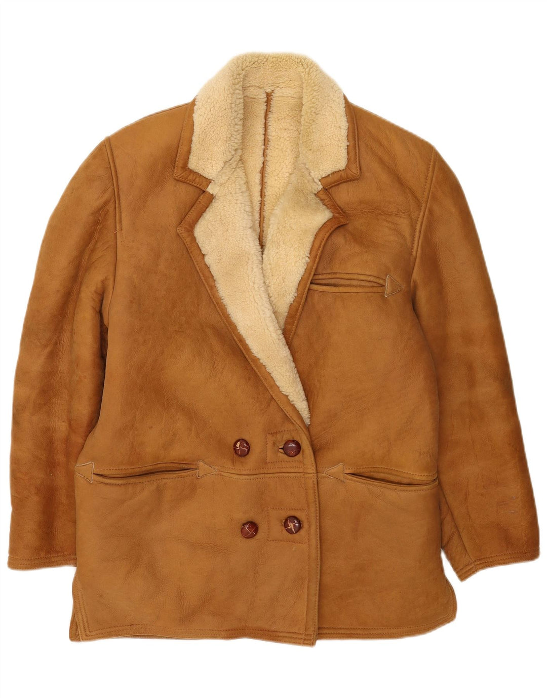 Vintage Damen Zweireihige Lammfelljacke UK 14 Large Beige