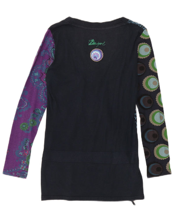 Desigual Womens Top Long Sleeve UK 12 Medium Black Floral Cotton
