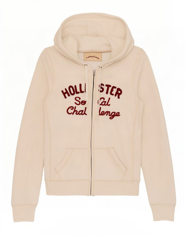 Felpa con cappuccio e zip grafica Hollister da donna UK 12 cotone bianco medio