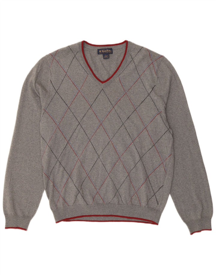 BROOKS BROTHERS Mens V-Neck Jumper Sweater Large Grey Argyle/Diamond