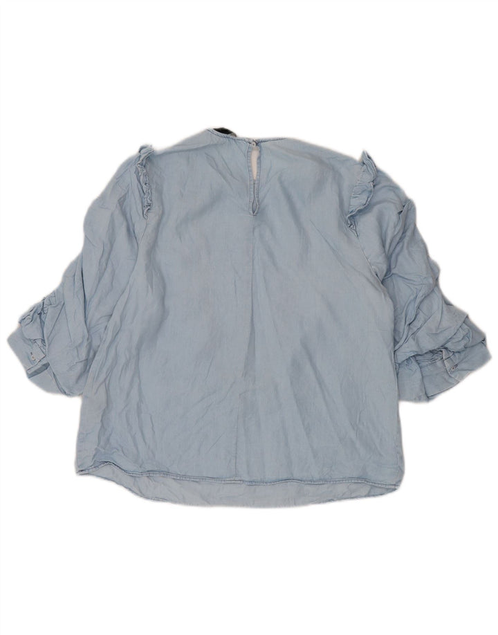 Zara Dame 3/4 ærmer flæse foran bluse Top UK 10 Small Blue Lyocell