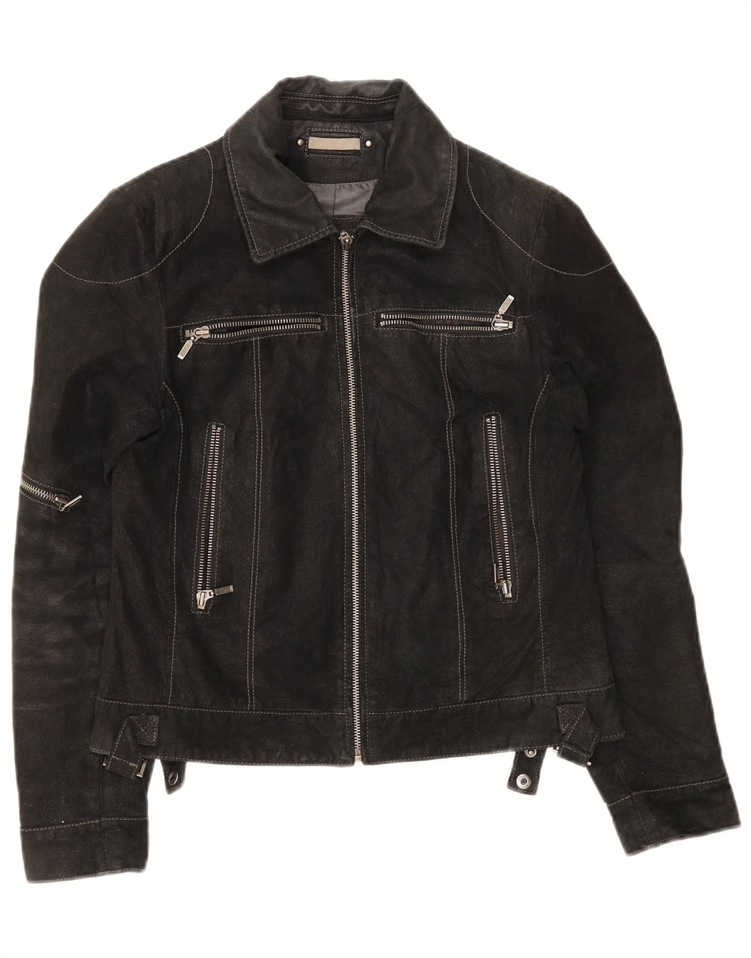 Giacca vintage in pelle scamosciata da donna UK 10 piccola in pelle nera