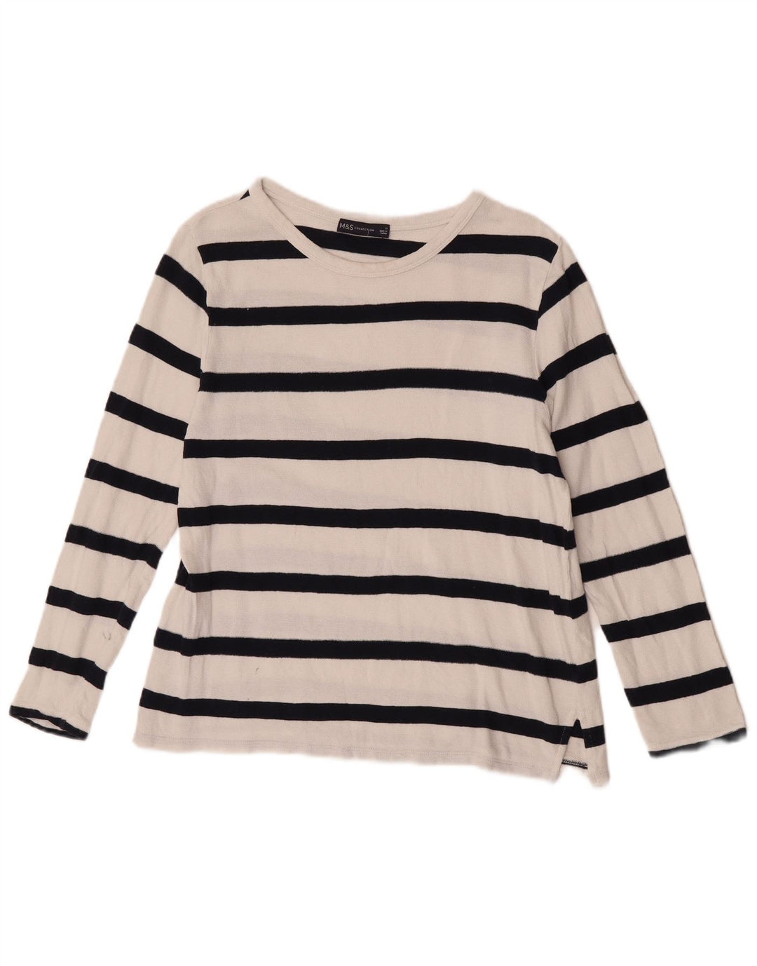 Marks & Spencer Womens Top Long Sleeve UK 12 Medium White Striped Cotton