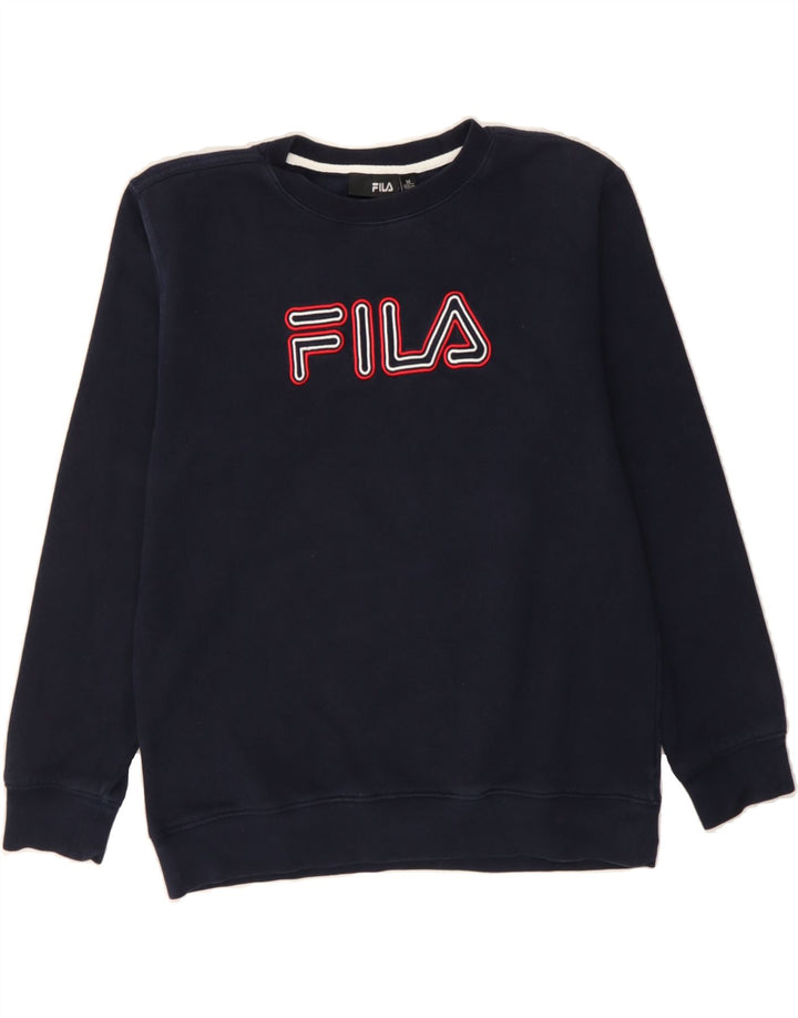 FILA Boys Graphic Sweatshirt Jumper 12-13 Years Medium Navy Blue Cotton Vintage Fila and Second-Hand Fila from Messina Hembry 