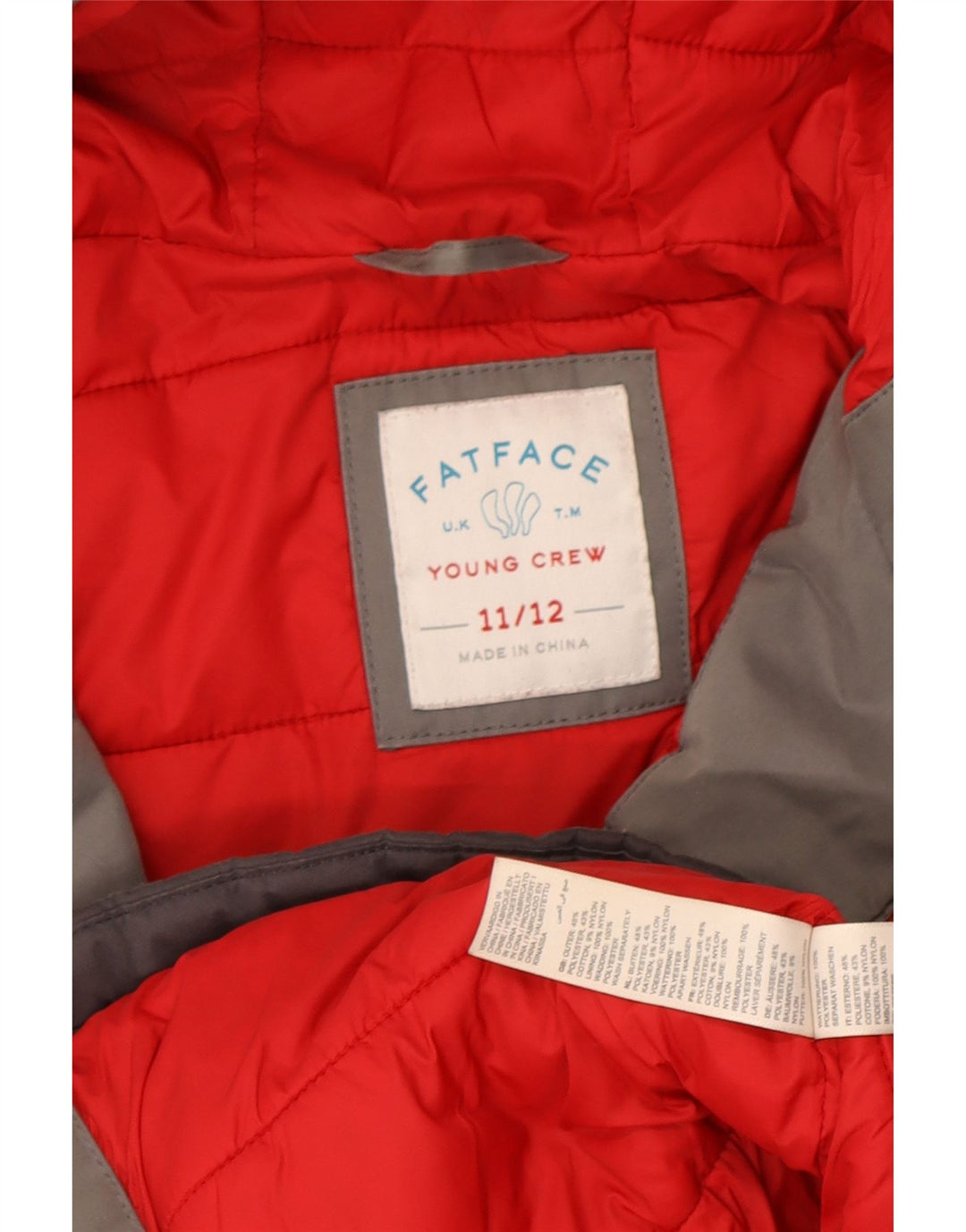 Wattierte Jacke mit Kapuze von Fat Face für Jungen, 11–12 Jahre, graues Colourblock-Polyester